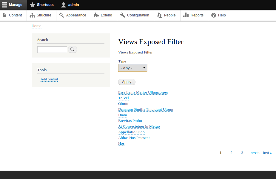 Views Exposed Filter screen