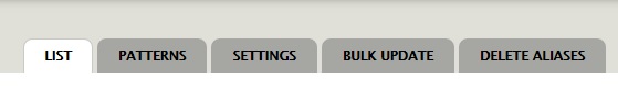 Pathauto tabs: List, Patterns, Settings, Bulk Update, Delete Aliases