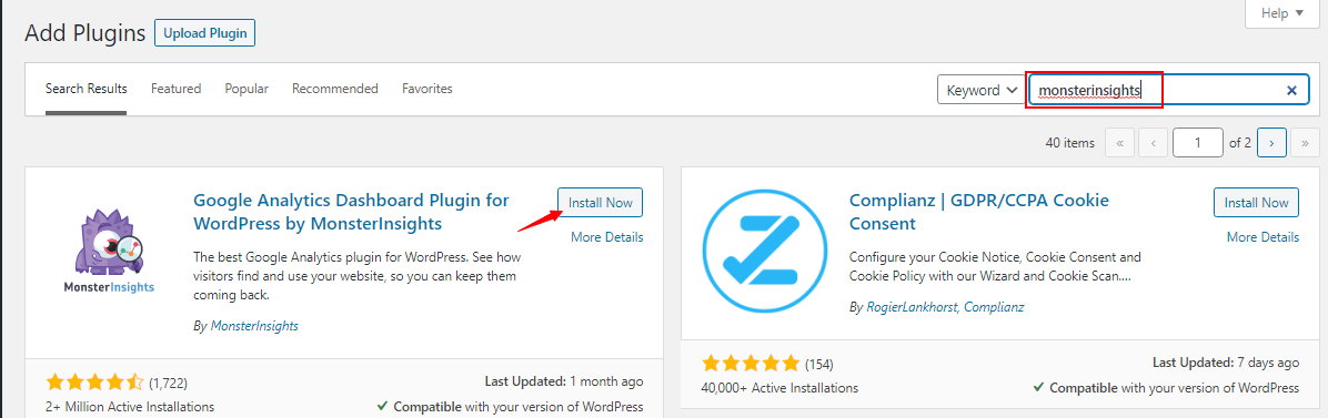 install now in WordPress