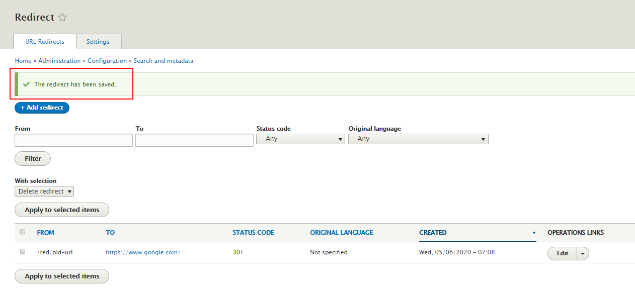 redirect saved in Drupal