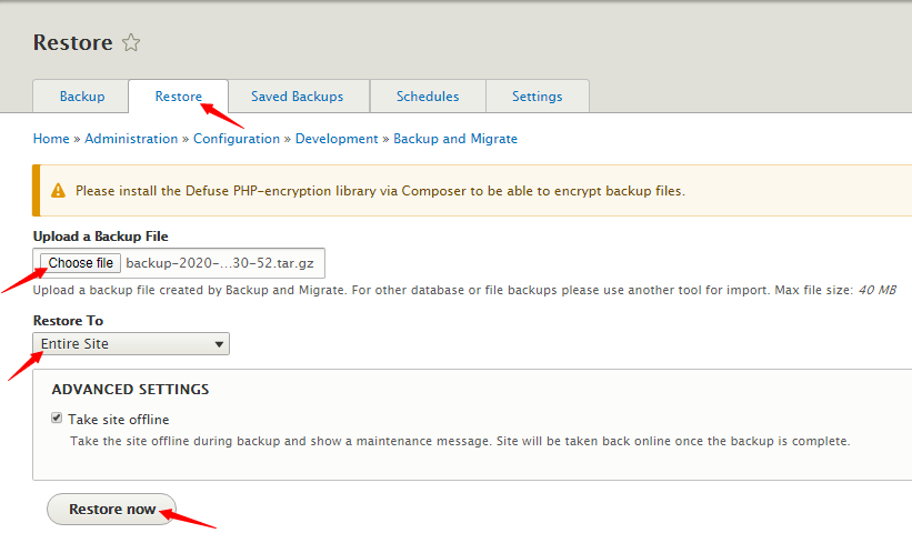 restore now in Drupal