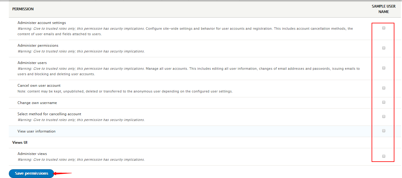 save permissions in Drupal