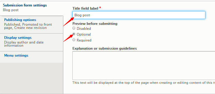 submission form settings in Drupal
